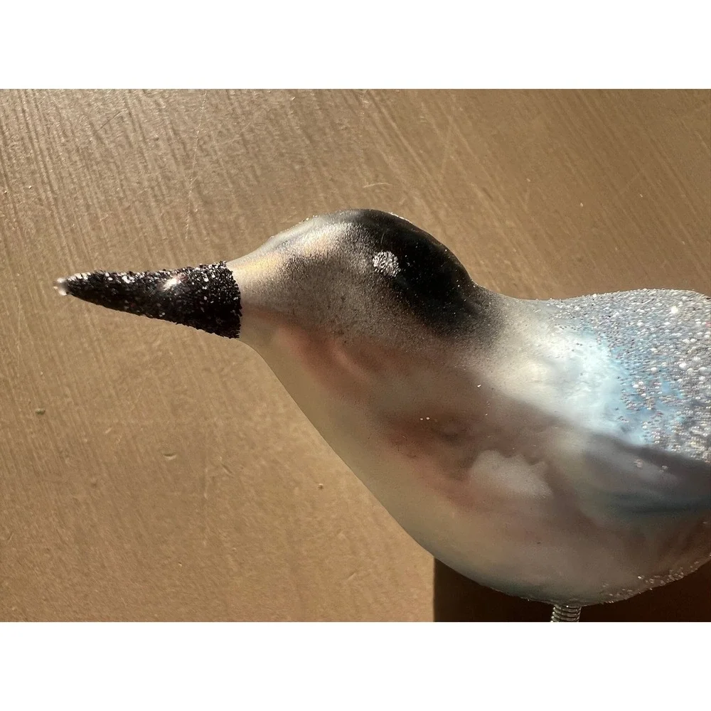 Inge-Glas Forest Finch Glass Ornament Silver Blue Clip-On Germany 34-718